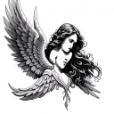 A detailed and artistic tattoo design of an angel with asymmetrical wings: one wing is beautiful, radiant, and angelic,  tattoo design idea