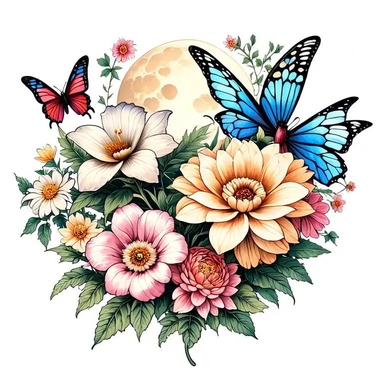1 fairy, butterflies, 2 moonflowers, 1 buttercup,chrysanthemum and 1 Dahlia tattoo design idea