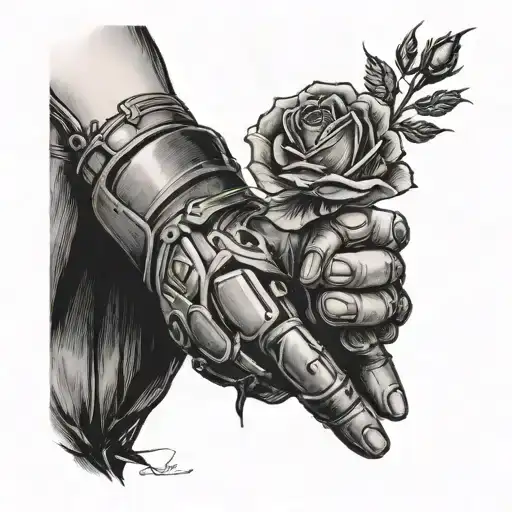 bucky barnes' bionic arm holding a rose in his hand tattoo design idea