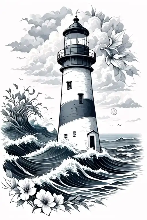 LIGHTHOUSE WITH WAVES AND FLOWERS tattoo design idea
