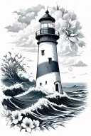 LIGHTHOUSE WITH WAVES AND FLOWERS tattoo design idea