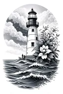 LIGHTHOUSE WITH WAVES AND FLOWERS tattoo design idea