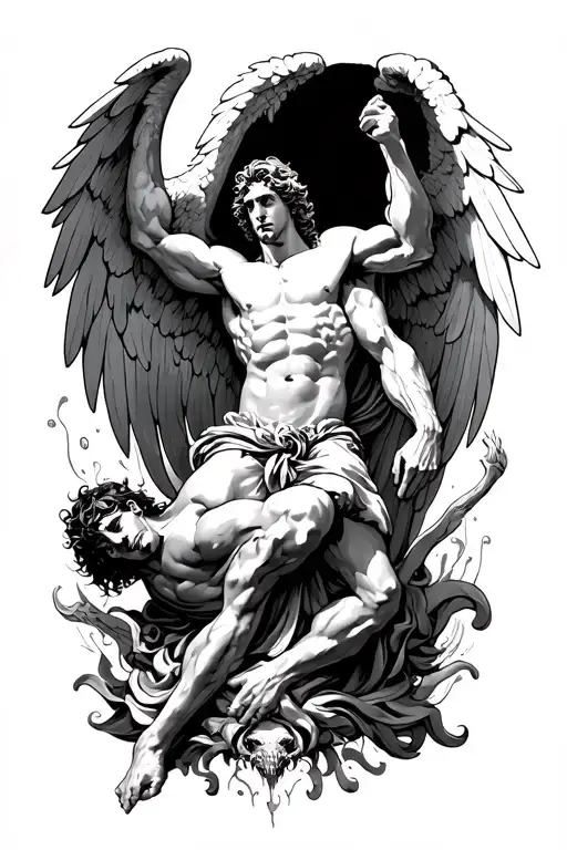 Arch Angel Michael defeating Lucifer falling tattoo design idea