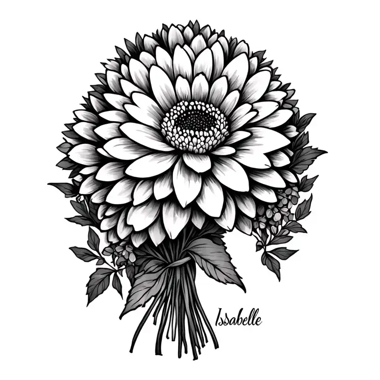 "Isabelle " Chrysanthemum with isabelle hidden in the flower bouquet tattoo design idea