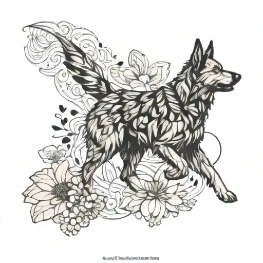 A tattoo design featuring a golden retriever  german shepherd poodle running together in a field of colorful flowers  tattoo design idea