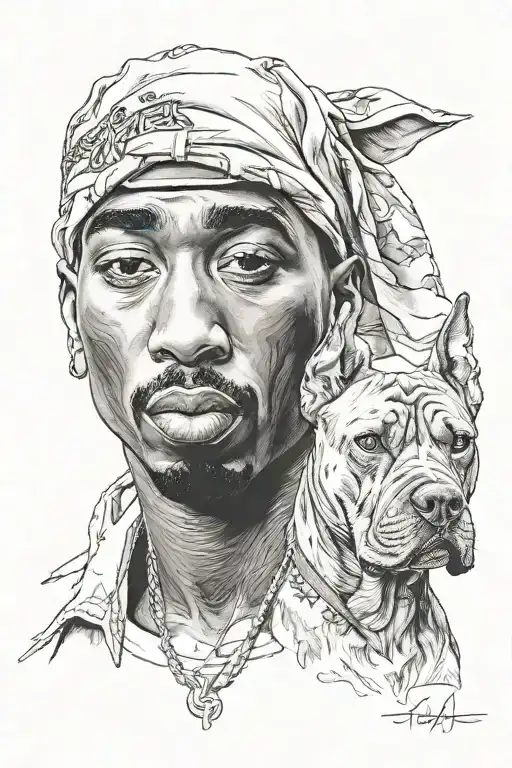 tupac shakur with american bully dog tattoo design idea