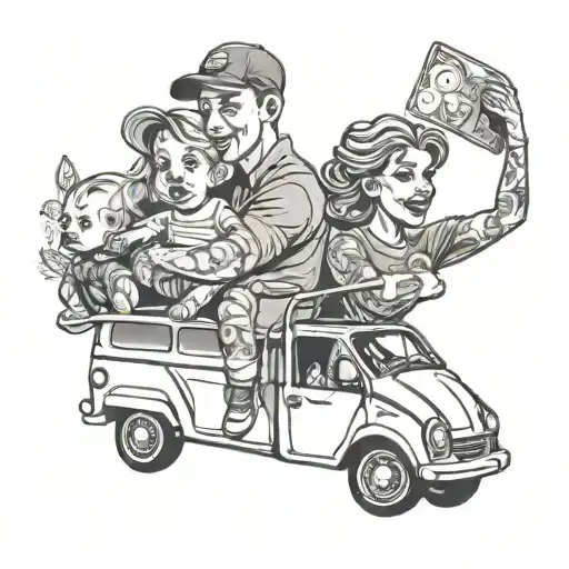 husband and wife with a baby on the woman's arms driving in a car and behind them are vans with ar tattoo design idea
