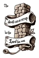 cobblestone cross with writing "the devil can scrap but the Lord has won" in old font on a scroll. tattoo design idea