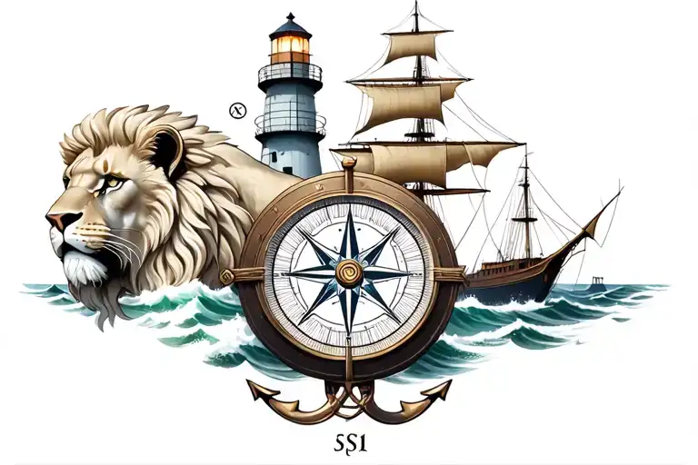 lion lighthouse compass anchor sea ship tattoo design idea