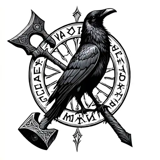 Odin name in runes around a crow and thors hammer tattoo design idea