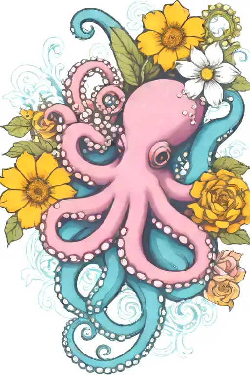 octopus, white snowdrop, rose,  marigold flower tattoo design idea