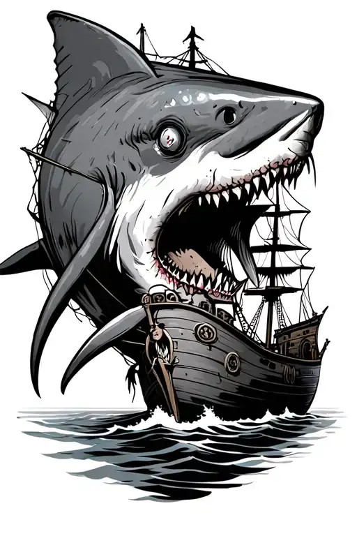 zombie shark with a tattered pirate ship tattoo design idea
