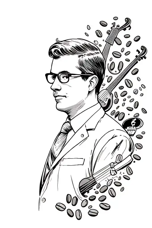 A sketch of a supervisor's silhouette surrounded by coffee beans and musical instruments, symbolizing leadership and creativity tattoo design idea