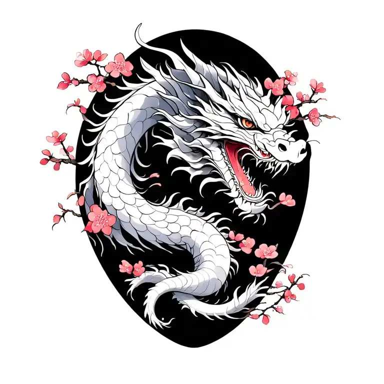 White dragon with cherry blossoms tattoo design idea