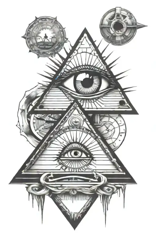 Eye pyramid and clock tattoo design idea