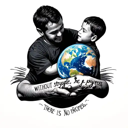 use the words "without struggle, there is no progress" while incorporating a dad giving his son planet earth.  tattoo design idea