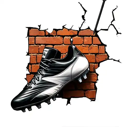 Football boots hanging on a nail against a cracked brick wall tattoo design idea
