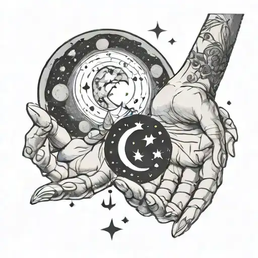 phases of the moon, massaging hand(s) , witchy, simple and clean tattoo design idea