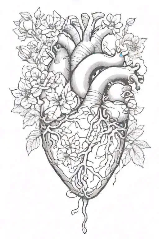 Anatomical heart with flowers intertwined tattoo design idea