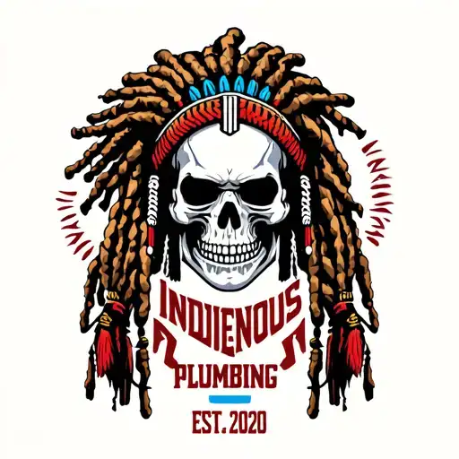 "INDIGENOUS PLUMBING EST.2020" skull dreadlock Native American warrior fixing sink tattoo design idea