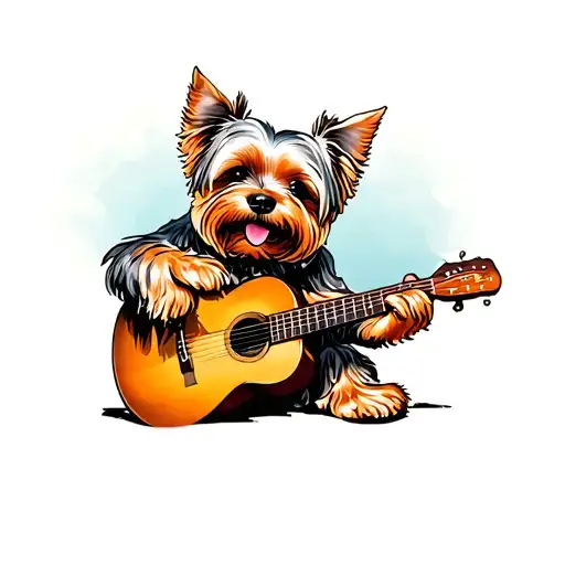 yorkshire terrier playing a guitar tattoo design idea