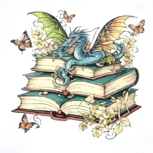 dragon hoarding stack of open books, wind and  light shooting up, with butterflies, flowers and leafy vines curling down tattoo design idea
