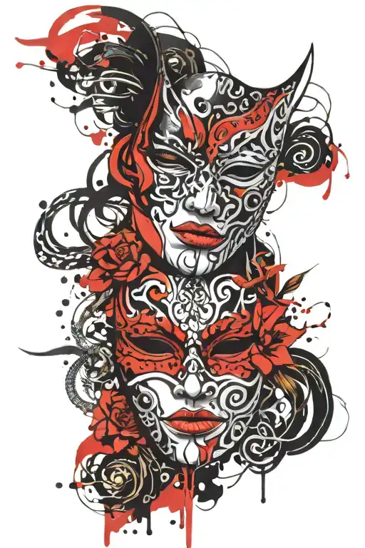 mask in half. good and evil vendetta mask tattoo design idea