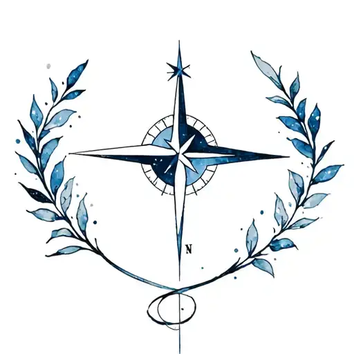 a simple feminine tattoo with: a half laurel leave wrapping a compass needle with a north star above it and a blue dust tattoo design idea