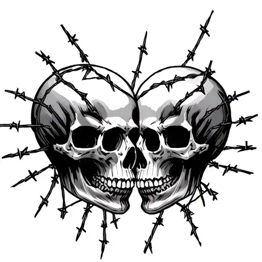 graveyard with barbed wire skulls facing each other tattoo design idea