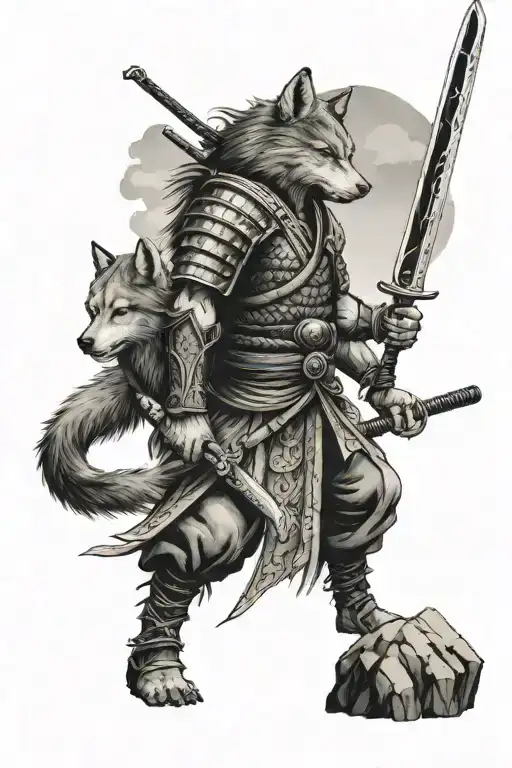 a warrior samurai warrior holding his katana sword staring at mountains with 2 wolves standing on them tattoo design idea