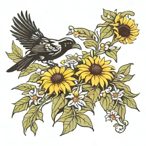 black eyed susan and crow tattoo design idea
