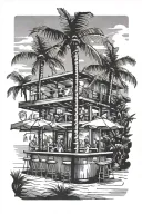 beach bar scene with palm tree tattoo design idea