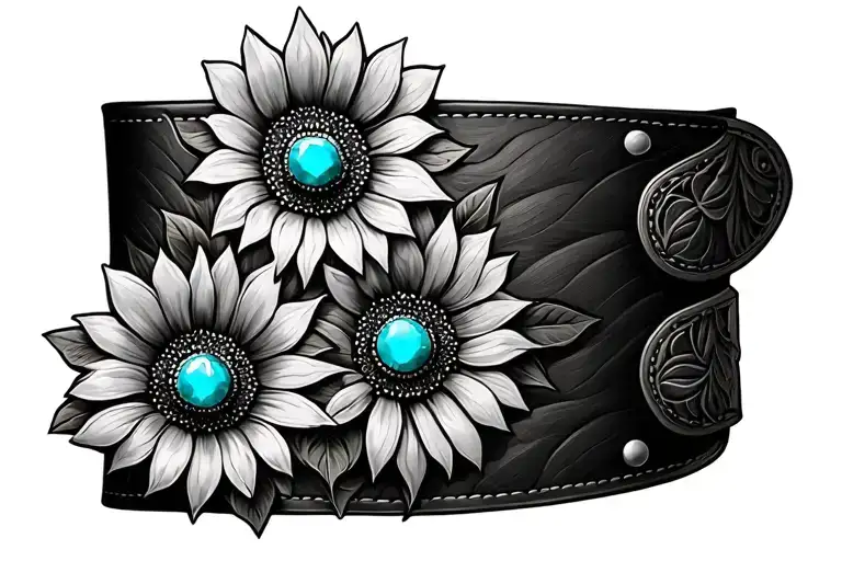 tooled leather with turquoise stones and sunflower tattoo design idea