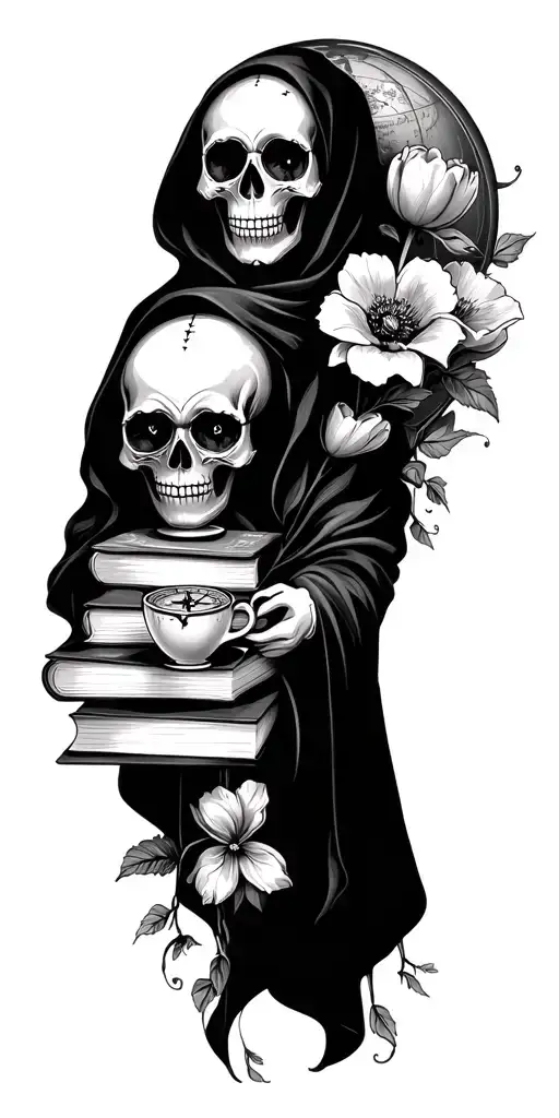 flowers vine books sugar skull grim reaper poppy tulip heart travel globe teacup compass tattoo design idea