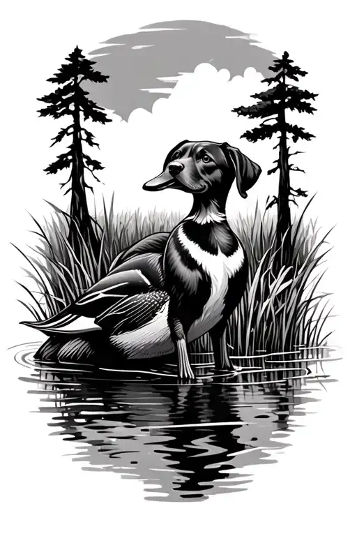 Mallard duck, Lab dog, swamp, tall grass, swamp trees tattoo design idea