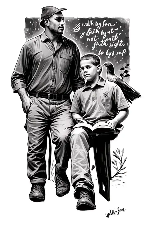 Cardinal sitting, with walk by faith not by sight verse with bible open and binoculars on it and man and son walking  tattoo design idea