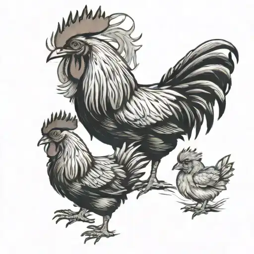 rooster hen and 4 chicks. tattoo design idea
