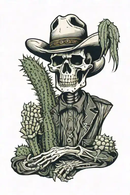 Skeleton cowboy leaning against a cactus tattoo design idea