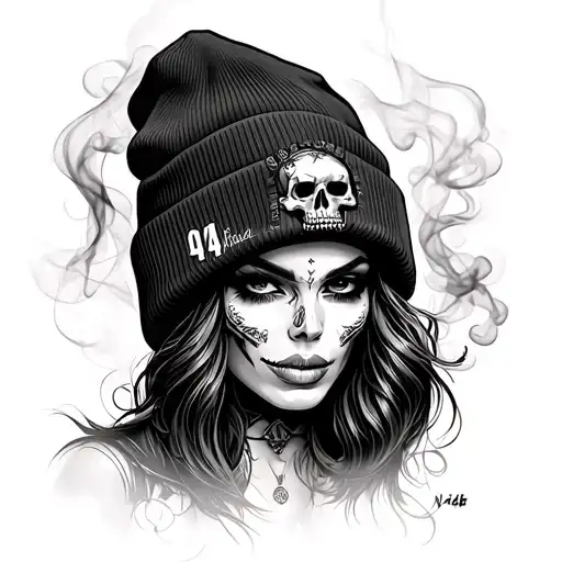 Chicano style woman, gothic Nadir beanie, 94 upside down, skull blend, smoke fade wrist, Breezy_Nadir hidden in smoke. tattoo design idea
