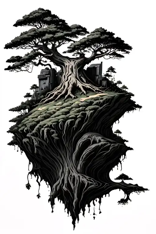 floating island tree growing tattoo design idea