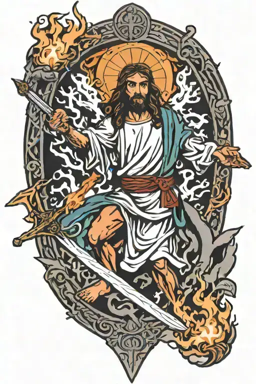 Jesus Christ in battle plate wielding a flaming sword tattoo design idea