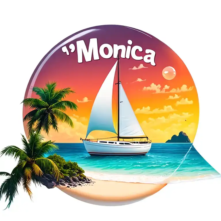 "Monica" "Monica" bubble  foreground white sailboat, sunrise sky small background distant island 2 palm tree  ocean vibrant beach tattoo design idea