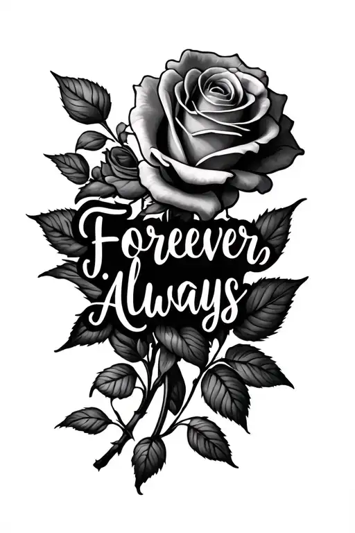 roses with forever and always fancy writing in the middle  tattoo design idea