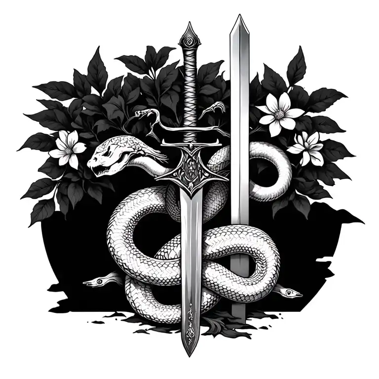 posion tree with sword and snake with flowers tattoo design idea