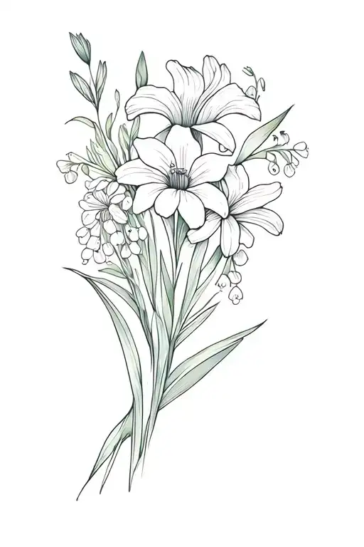 lng wavy fine line tattoo with gladiolus, narcissus, lily of the valley, cosmos, and daffodil tattoo design idea