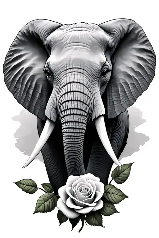side profile of elephant head with one rose no stem tattoo design idea