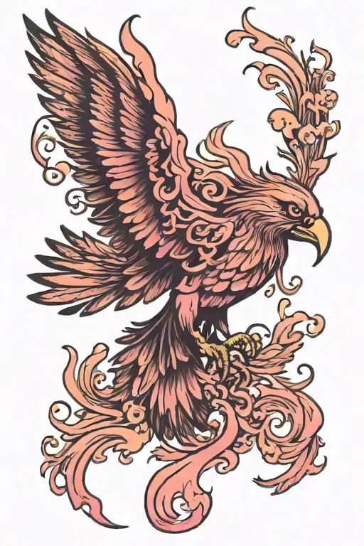 flaming phoenix with outstretched wings and touches of pink tattoo design idea