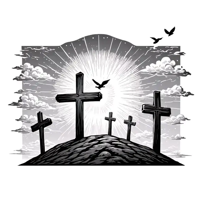 3 crosses on the hill with sun rising that shines all directions, clouds on outside and two birds tattoo design idea