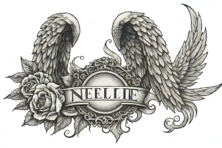 wings surrounding the word Nellie with a heaven halo above and Roman numerals spelling the death date  tattoo design idea