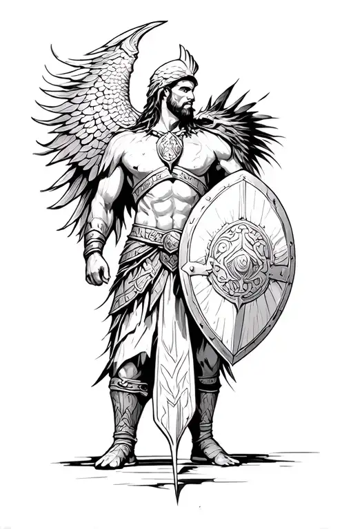 Spartan holding a phoenix shield in his handi want a tattoo tattoo design idea